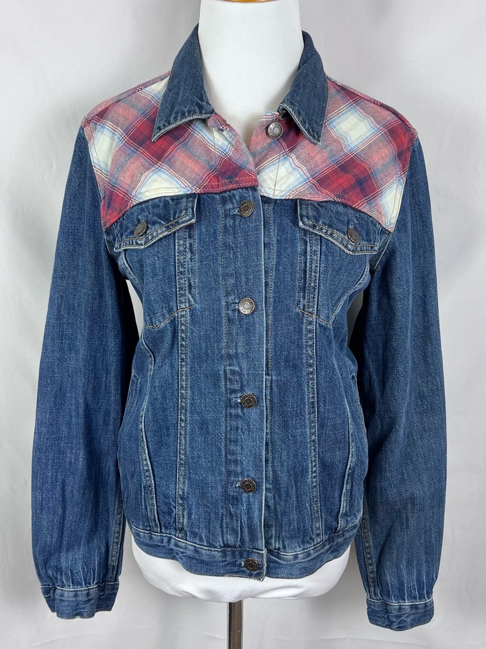 Pendleton x Gap Blue Denim Jacket with Red and Cream Plaid Yoke
